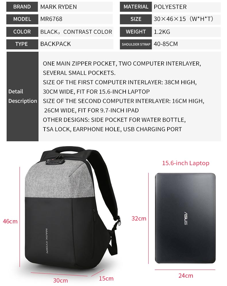 Mark Ryden Tas Ransel Anti Maling dengan USB Charger Port